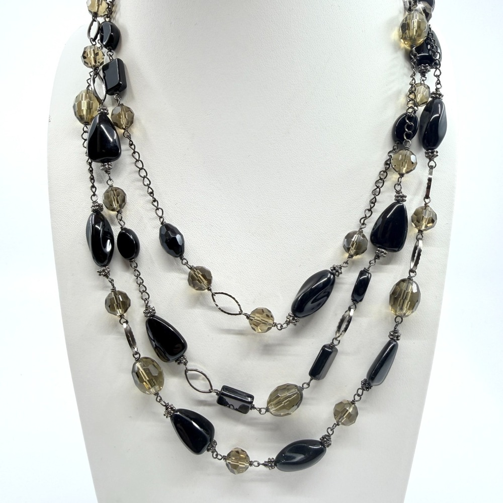 Vintage Multi Strand Black & Smoky Glass Bead Statement Necklace